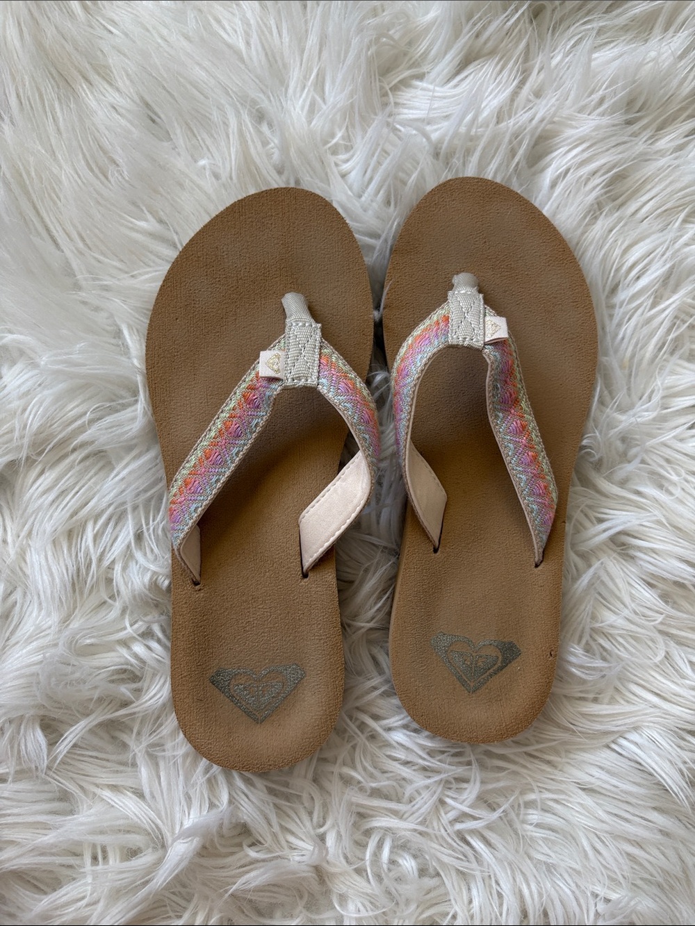 Roxy Women's Tan Footbed Flip Flops with Pastel Multicolor Straps